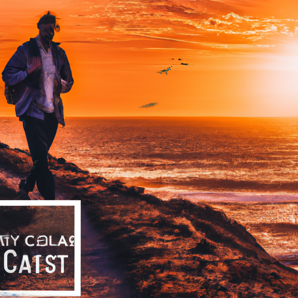 Sunset coastline with a winding path and traveler silhouette